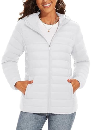 Image of TAVCASEN Ladies Down Jacket Hooded Windproof Puffer Jacket Thermal Padded Coats Outdoor Warm Quilted Jacket for Trekking,White,XL