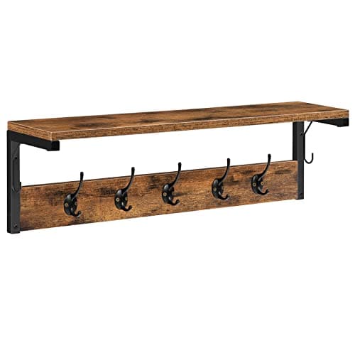 Image of HOOBRO Coat Rack Shelf Wall Mounted, Coat Hook with 7 Hooks and Shelf, 70 cm Hallway Coat Rack, Wall Floating Shelves with Hat Rack, for Bathroom, Kitchen, Laundry Room, Rustic Brown EBF16YM01