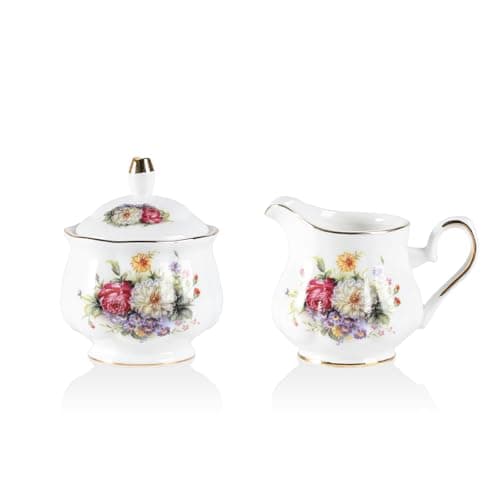 Image of Sweejar Home Royal Ceramic Sugar and Creamer Set, 3 Piece Set with Cream Pitcher, Sugar Bowl, Sugar Set with Lid & Spoon, Coffee Serving Set Wedding Gift (Flower Style)