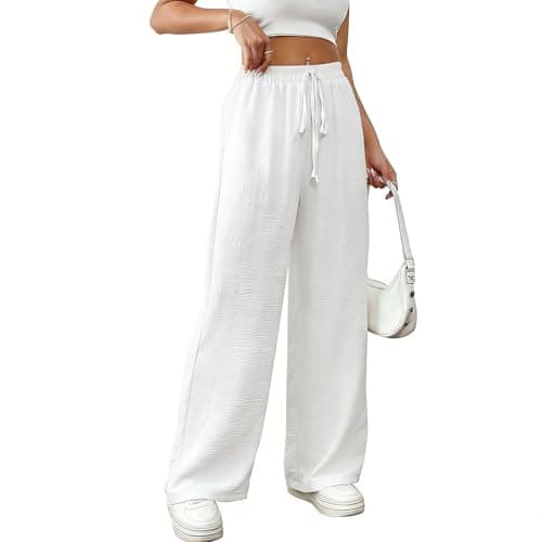 Image of Risipu Women Linen Trousers Summer Thin Wide Leg Trousers High Waisted Breathable Palazzo Casual Cotton Pants with Side Pocket (M, White)