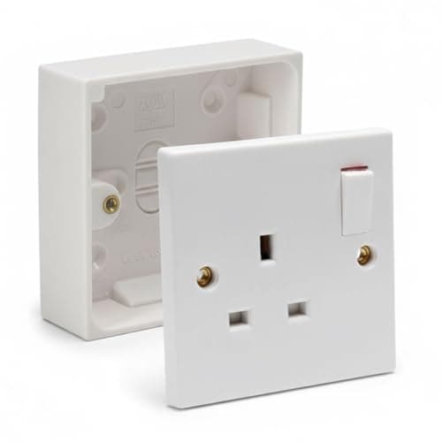 Image of Single Switched Socket 1Gang 13Amps White Electrical Outlet - Compatible with Single 25/35/45mm Pattress Back Box Surface Mounted 1 Gang (1, SET with 25mm Box)