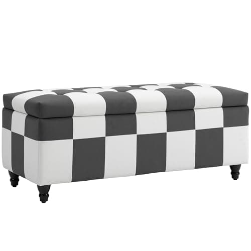 Image of HOMCOM Storage Ottoman, Storage Bench with Wood Legs, Footstool, Footrest with Velvet Surface for Bedroom, Hallway, Living Room, 114 x 47 x 47 cm, Dark Grey and White