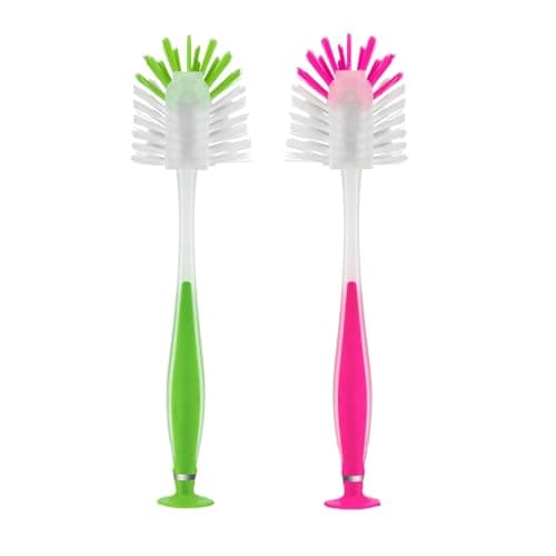 Image of HOMESHOPA Dish Brush with Suction Cup, Green & Pink Washing-Up Kitchen Brush, Soft Grip Handle and Non-Scratch Bristles, Long Handle Durable Dish Cleaning Brush