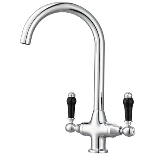Image of Kitchen Sink Tap Mixer with Black Dual Lever Traditional Mono Swan Neck Victorian Style Kitchen Mixer Faucet 360 Swivel Spout Brass Chrome Monobloc Rustic Bar Tap with Ceramic Twin Lever Country Style