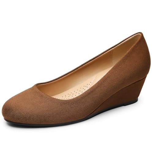 Image of Trary Women's Wedges Heels for Women Pumps Round Toe Mid Heels Comfortable Closed Toe Dressy Shoes Women Pumps Wedge Shoes for Wedding Work Office Party 1.8 Inches, Suede Brown, 6