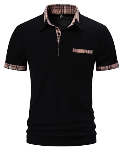 Image of MakingDa Mens Polo Shirts Short Sleeve Slim Fit Summer Casual Smart Collared T Shirt Work Golf Poloshirts Tops Contrast Color Patchwork Polos-028-Black-XXL