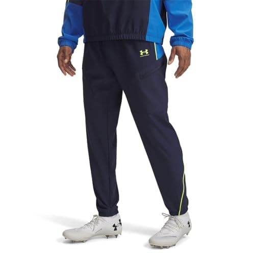 Image of Under Armour Men's Challenger Warm-Up Pant, Water-Resistant Tracksuit Bottoms with Ankle Cuffs, Men's Joggers for Sports and Athletics,Washed Navy / / High Vis Yellow,MD