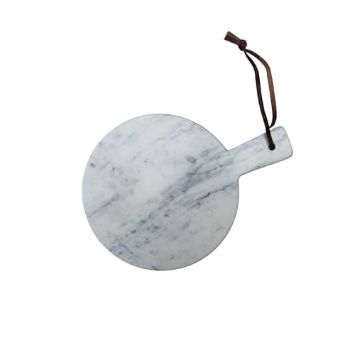 Image of Arthur Cameron - Handmade Round White Marble Chopping Board/Serving Platter with Built-in Handle and Leather Strap - Functional Kitchen Decor, Perfect as a Small Cutting Board or Cheese Board