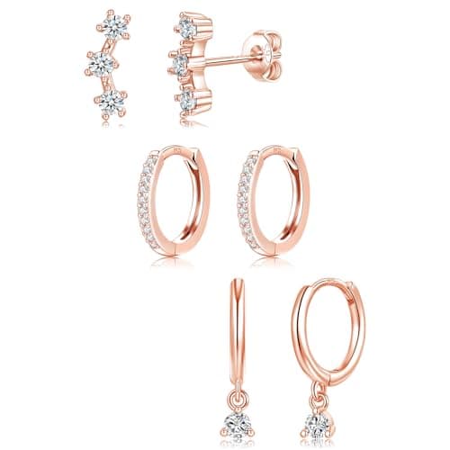Image of Hypoallergenic 3 Pairs Sterling Silver Rose Gold Stud Hoop Earrings Set for Women Girls, Small Helix Cartilage Sleeper Cubic Zirconia Stud Hoop Earrings Stacks for Multiple Piercing