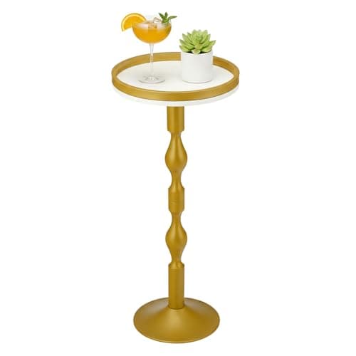 Image of ZEXVIDA Gold Round Drinks Table,Metal Martini Side Table with White Tray Top & Pedestal Base,Small Art Deco End Table for Living Room, Lounge & Narrow Spaces,Modern Occasional Table