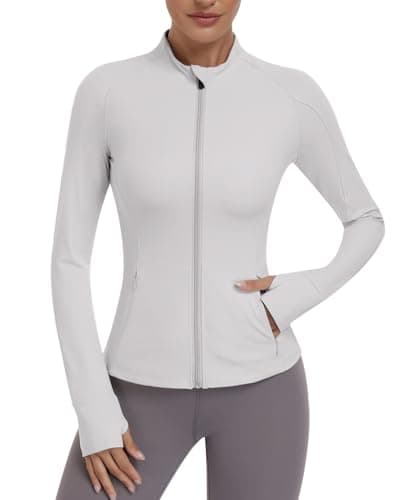 Image of JoyGirl Womens Zip Up Sport Running Jacket with Pockets Long Sleeve Workout Jackets Slim Fit Gym Yoga Tops with Thumb Holes (Light Grey,S)
