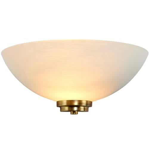 Image of National Lighting Kaden Decorative Antique Brass Trim E27 LED Compatible Wall Light Uplighter with White Lined Painted Glass Shade