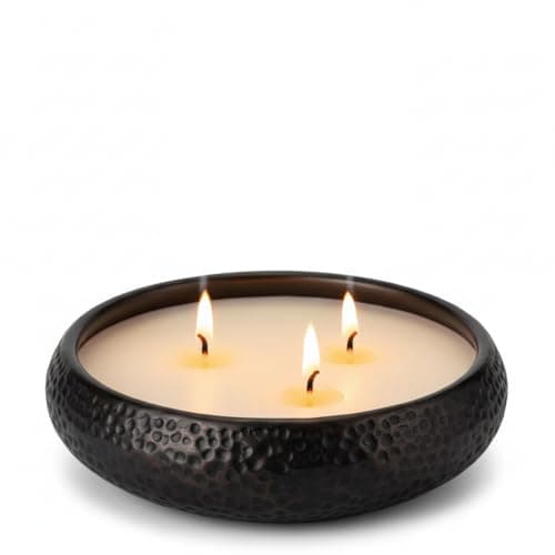 Image of Aeolian 3 Wick Vanilla Scented Candle in Hammered Champagne Bowl (14cm) - Luxurious Soy Wax Table Centrepiece, Perfect Home Decoration Gift, Elegant Interiors by Rowen Homes (Black)