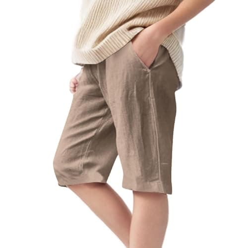 Image of Boys Girls Cotton Linen Shorts Breathable Casual Summer Shorts with Pockets, Elastic Waist Comfort Playwear for Kids (Khaki, 10-11 Years)