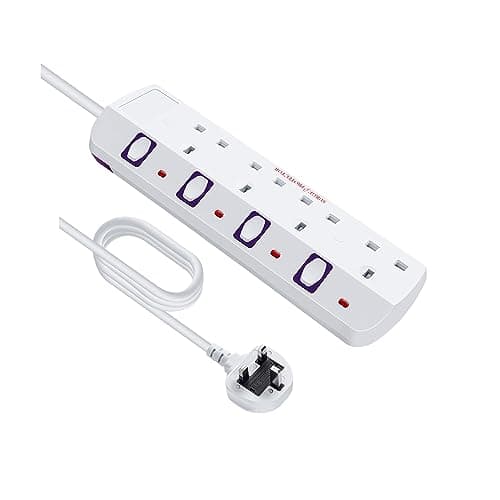 Image of Tech Traders Extension Lead 4 Way Multi Plug Extension Sockets with Individual Switches Wall-Mounted Power Strip 2M Extension Cord 13A Fused UK Plug 3250W