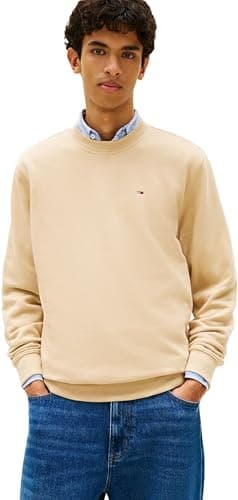 Image of Tommy Jeans Men's Tjm Reg S Flag Crew Dm0Dm20741 Pullover Sweatshirt, BEIGE (Gentle Gold), XXL