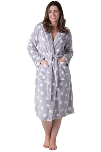 Image of Camille Women's Supersoft Fleece Hooded Dressing Gown - Long Sleeve Calf-Length Printed Bathrobe with Matching Belt Tie - Grey Star 14-16