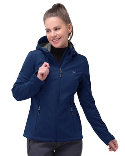 Image of 33,000ft Women's Softshell Jacket Waterproof Windproof Coat Functional Lightweight Windbreaker Ladies Breathable Outdoor Jacket with Hood for Running, Cycling, Hiking, Navy Blue DE44/UK18