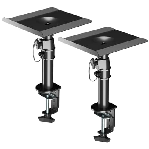 Image of suptek Clamp-on Speaker Stand Desk Mount Set, 9.6 x 8.8 inch Trays, Height Adjustment and Tilt, Universal Audio Holders for Computer and Bookshelf Speakers, Elevated Sound, 2 Pack, Black, SDM001B