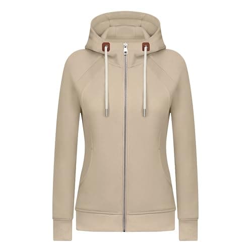 Image of KEBORUILA Women's Hoodies Long Sleeve Fleece Sweatshirts Full-zip Jacket Casual Tops Khaki L