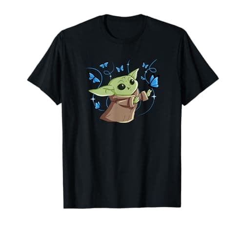 Image of Star Wars The Mandalorian Grogu with Blue Butterflies Cute T-Shirt