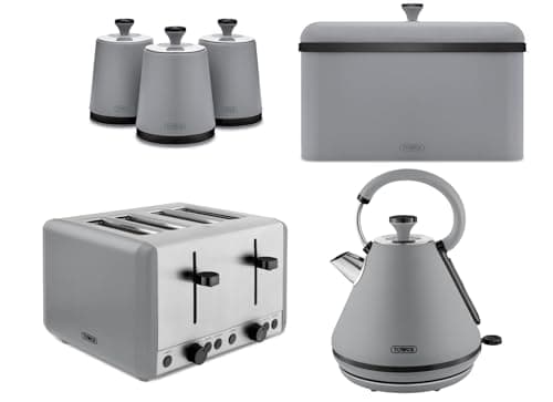 Image of Tower Sera 1.7L 3KW Pyramid Kettle, 4 Slice Toaster, Breadbin & Canisters Set in Grey with Smoked Black Trim. Contemporary Matching Tower Grey Kitchen Bundle Set of 6