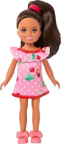 Image of Barbie Club Chelsea Small Doll, 6-Inch Lula with Brunette Hair Wearing Removable Cherry-Print Dress & Sandals, JJB35