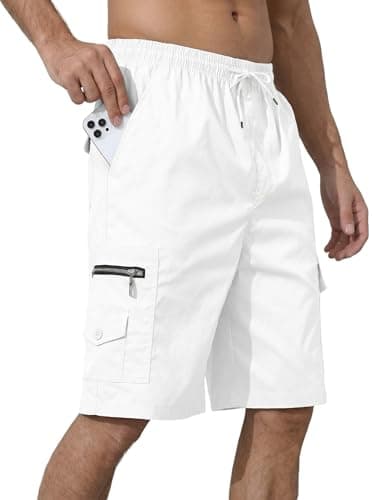 Image of CTU Men's Cargo Shorts Elasticated Waist Pants Work Sport Jogger SweatShorts with Multi Pocket White XL