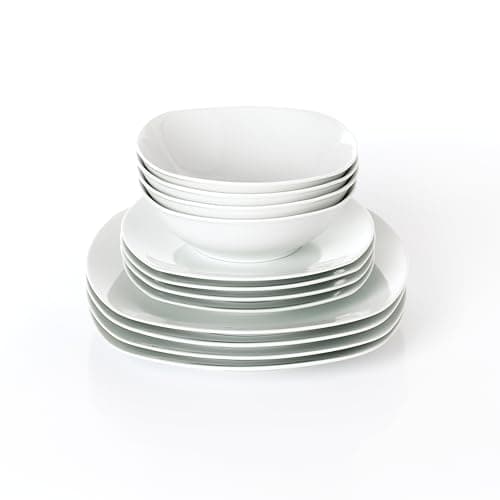 Image of Waterside 12pc White Square Porcelain Dinner Set, 4 x 26.8cm Dinner Plates, 4 x 20cm Side Plates & 4 x 17.8cm Deep Bowls - Dishwasher & Microwave Safe