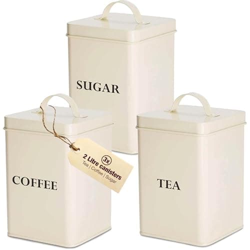 Image of andrew james Tea Coffee Sugar Canisters Set for Home or Office, Vintage Style Kitchen Storage Set, Rust Resistant Powder Coated Tea Caddies, Store Coffee Granules Teabags Sugar