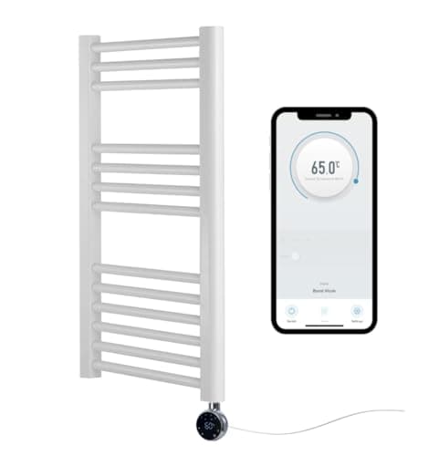 Image of Greened House White Electric Smart WiFi Controlled Heated Towel Rail 400mm W x 800mm H 7 Day Programmable Timer App Compatibility (White Rail + Chrome WiFi Element)