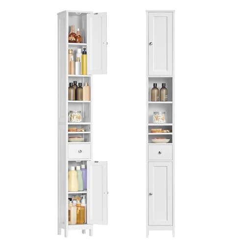 Image of VASAGLE Tall Bathroom Cabinet, Slim Bathroom Storage Cabinet, Freestanding Narrow Storage Unit with Adjustable Shelves, Drawer, Open Compartments, for Small Spaces, Modern, Cloud White BBC765W01