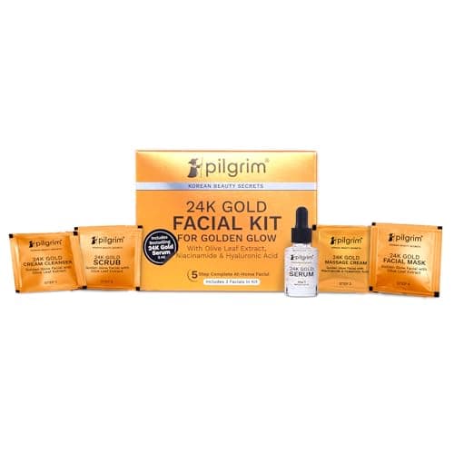 Image of Pilgrim 24K Gold Facial KIT for Instant Radiance & Golden Glow with 5 Easy Steps with Gold Cream Cleanser, Gold Scrub, Gold Massage Cream, Gold Facial Mask, Gold Serum All Skin Types 30 Gm