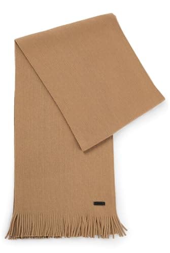 Image of BOSS Men's Albas Scarf Made from Sustainable Virgin Wool with Raschel Knit, Medium Beige, One Size