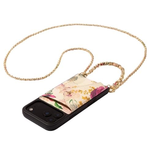 Image of Bandolier Lily Crossbody Phone Case for iPhone 17 Pro Max. 100% Genuine Pebble Leather. Ivory Floral with Gold Hardware. Removable Crossbody and Wristlet Strap.