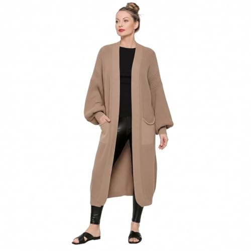 Image of HUBIBUBI Ladies Oversized Long Cardigan Balloon Sleeve Chunky Ribbed Open Knitted Maxi Jumper Ladies Maxi Knitted Puff Sleeve 2 Pocket Cardigan Boyfriend Sweater Top UK Size 8-22 Mocha