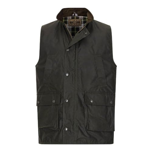 Image of WALKER AND HAWKES - Men's Winchester Multi Pocket Waxed Cotton Gilet Outdoor Camping Waistcoat Hiking Travelling Jacket - Olive - Large