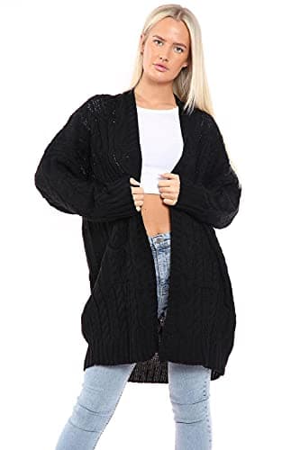Image of H&F ® New Women Ladies Long Sleeve 2 Side Pocket Chunky Cable Knitted Oversize Baggy Open Boyfriend Cardigan Size-16-18 20-22 24-26(Black, 20-22)