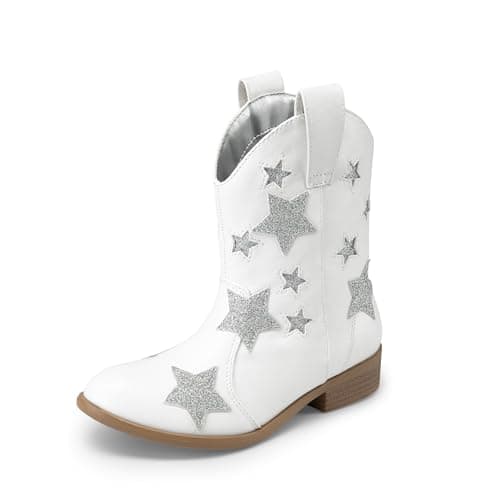 Image of DREAM PAIRS Girls Cowgirl Boots Cowboy Western Mid Calf Star Boots for Kids,Size 13 Little Kid,White,SDBO2405K