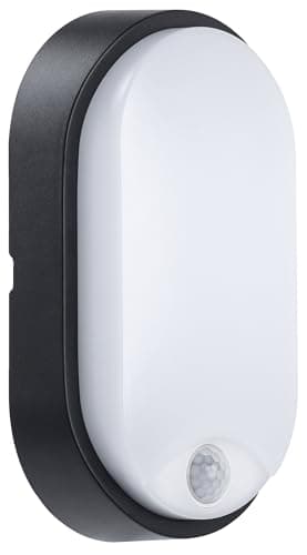 Image of Luceco Eco Outdoor LED Bulkhead Light with PIR Motion Sensor, Decorative Exterior Lighting, Oval, Black, IP54, 10W, 700lm, 4000K, EBEO10P40