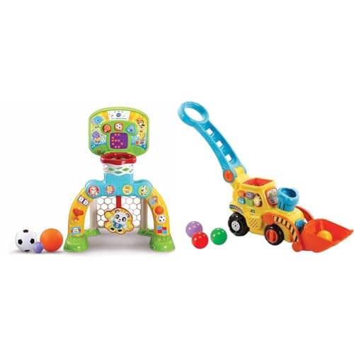 Image of VTech 3-in-1 Sports Centre, Baby Interactive Toy with Colours and Sounds, Learning & POP and Drop Digger, Educational Push Along Digger for Toddler, Toy Gift for 12 Months to 2 3 Years