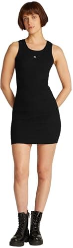 Image of Tommy Jeans Women’s Short Sleeve Essential Rib Bodycon Dress, Black (Black), L