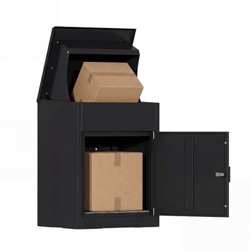 Image of BIRCHTREE Small Parcel Drop Box with Lock & 2 Keys, 58cm Height, Secure Parcel Delivery Box, Weatherproof Outdoor Metal Parcel Box with Anti-Theft Design, Wall or Floor Mounted, Black