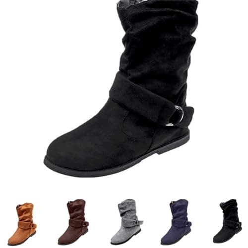 Image of Momolaa UK 5 Slouchy Ankle Boots for Women No Heel,Flat Mid Calf Boots Side Zipper Ladies Pixie Slouch Boot Low Heel Booties Ankle Boot Fall Outdoor Shoe Short Booties Footwear Black