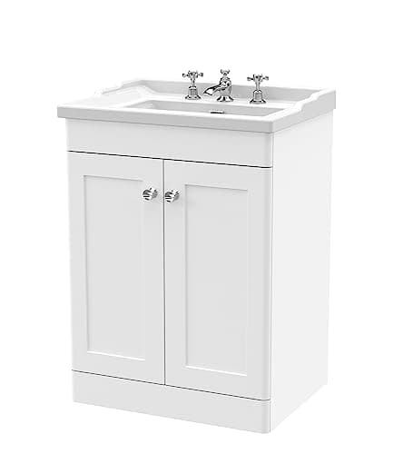 Image of nuie CLC125G Classique Floor Standing 2 Door Vanity Unit & 3 Tap Hole Ceramic Basin, 600mm, Satin White