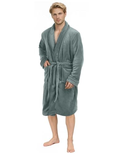 Image of NY Threads Luxury Men Dressing Gown Super Soft Fleece Bath Robe Cozy Shawl Collar Loungewear and Nightwear, Medium, Steel Grey