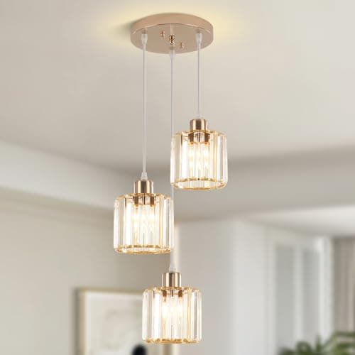 Image of Gold Modern Crystal 3-Light Pendant Ceiling Light, Adjustable Height, Flush Mount for Dining Room, Kitchen, Bedroom, Hallway, Lounge