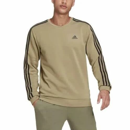 Image of Adidas Men's 3-Stripe Primegreen Crew Neck Pullover Sweatshirt, Olive Green / Black, Size 2XL (XX-Large)