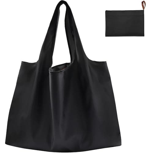 Image of FenFang Reusable Shopping Bags Foldable, Extra Large Grocery Bag, Washable Pocket Shopper Bag, Lightweight Handbag Tote Bag Portable Pouch for Travel Picnic, 56 X 67 cm (Solid Black)