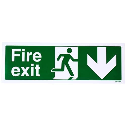 Image of V Safety Fire Exit Arrow Down Sign – Self-Adhesive Vinyl Safety Sign, Landscape 300 × 100 mm – Green Emergency Exit Signage for Doors, Corridors & Stairwells – EN ISO 7010 Compliant